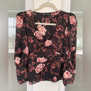 Zara Floral V-Neck Long Sleeve Multicolor Women’s Blouse